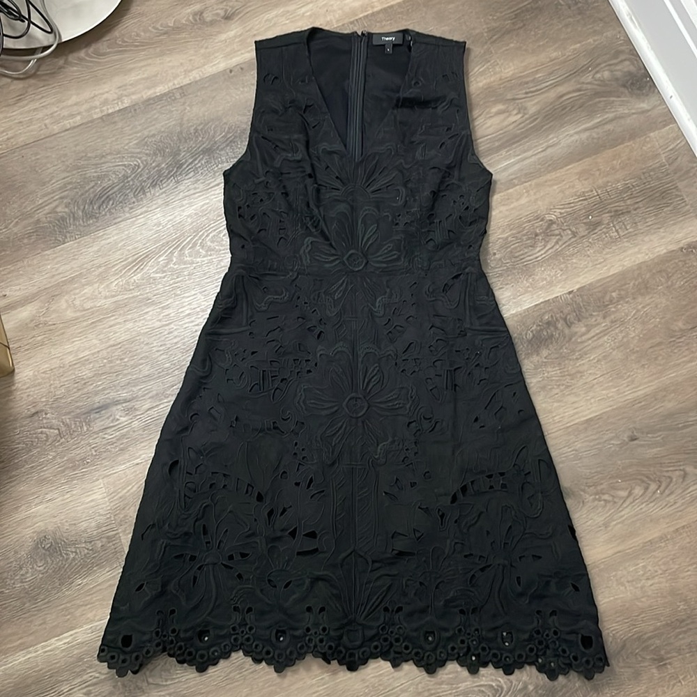 Theory Eyelet Linen Cotton Dress Little Black Summer Dress Size 6 Embroidered - Picture 3 of 14